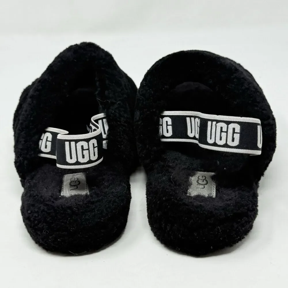 UGG Fluff Yeah Shearling Slingback Slippers Kids Girls 5 Black Red Open Toe
